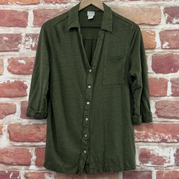 Chicos Shirt Womens Large 2 Green 100% Linen Casual Stretchy Pocketed Shirt - Picture 7 of 9